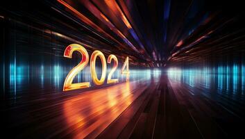 nuevo año 2024 en un futurista antecedentes. ai generado. foto