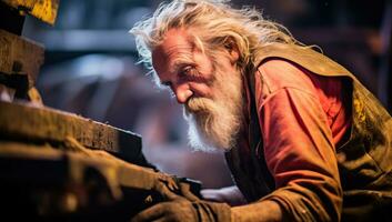 Portrait of a senior welder working in a forge. AI Generated. photo