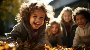 un grupo de niños jugando con hojas en otoño parque. ai generado. foto