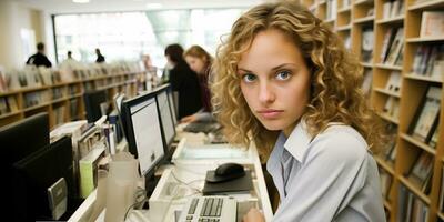 un hermosa joven mujer trabajando en el biblioteca. ai generado. foto