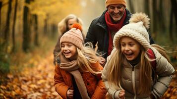 contento familia caminando en el otoño bosque. sonriente padres con su niños ai generado foto