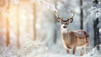 barbecho ciervo en invierno bosque con copos de nieve ai generado foto