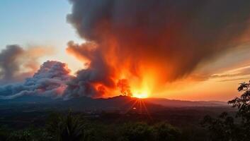 volcánico erupción a puesta de sol. ai generado. foto