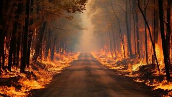 Forest fire. Burning dry grass and trees in the forest during the night AI Generated photo