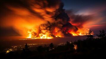 grande fuego en el bosque a puesta de sol. natural desastre. ai generado. foto