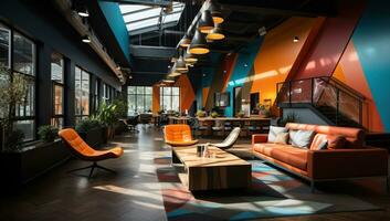 Interior of a modern cafe with orange sofa and orange armchair. AI Generated. photo