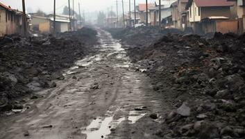 Dirty road in the village after heavy rain. Natural disaster. AI Generated. photo