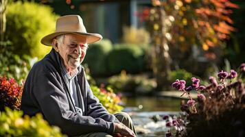 retrato de mayor hombre sentado en su jardín en un soleado día. ai generado. foto