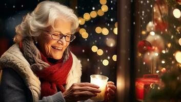 happy senior woman with christmas candle at home over snowfall background. AI Generated. photo