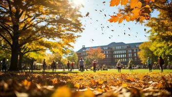 Autumn leaves falling on the ground in front of the university building. AI Generated. photo