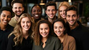 retrato de joven gente de negocios en oficina. exitoso trabajo en equipo concepto. ai generado. foto