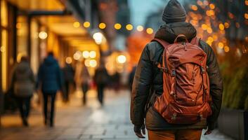 Back view of a young man with a backpack walking in the city at night. AI Generated. photo