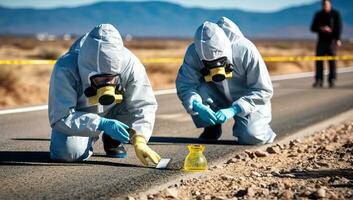 equipo de científicos en materiales peligrosos trajes examinando suelo muestra en el la carretera. ai generado. foto