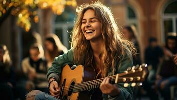 Beautiful young woman playing guitar in the street. AI Generated. photo