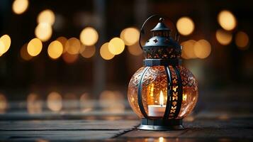 linterna con ardiente vela en de madera mesa. ai generado. foto