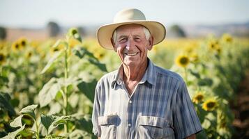 Portrait of happy senior man in hat standing in sunflower field. AI Generated. photo