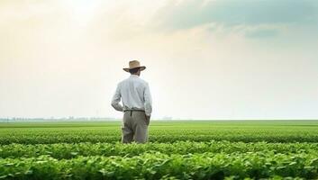 Rear view of confident farmer standing in soybean field. AI Generated. photo