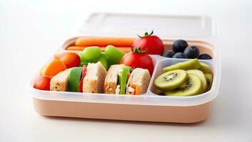 Healthy lunch box with fruits and vegetables isolated. AI Generated. photo