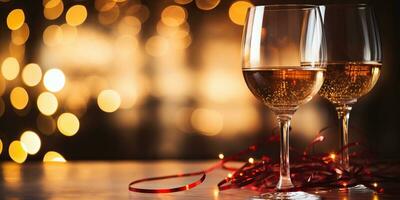 Two glasses of wine and christmas lights on bokeh background AI Generated photo