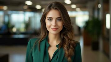 Portrait of a beautiful young business woman in a green suit AI Generated photo