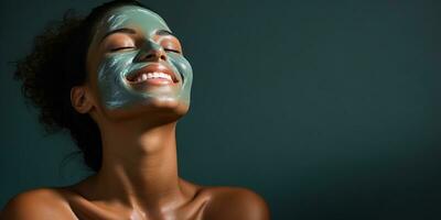 belleza retrato de joven africano americano mujer con facial máscara ai generado foto