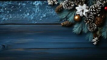 Christmas decoration on dark blue wooden background. Top view with copy space. AI Generated. photo