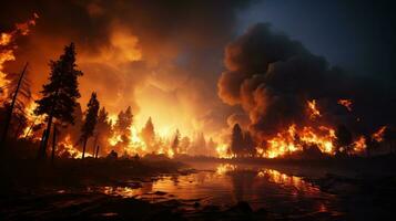 Burning forest at night. Natural disaster. Fire in the forest. AI Generated. photo