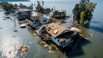 Aerial view of a flooded house on the shore of Lake. AI Generated. photo