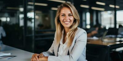 Portrait of young businesswoman sitting at desk in office. AI Generated. photo