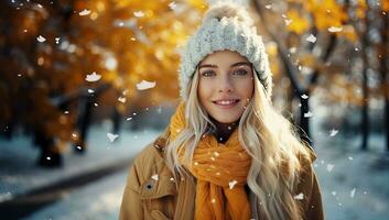 Beautiful young woman in a hat and scarf on a background of autumn park. AI Generated. photo