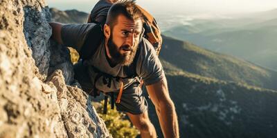 hermoso barbado hombre alpinismo en un rock en el montañas ai generado foto