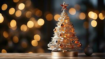 Navidad árbol en de madera mesa en contra desenfocado luces. ai generado. foto
