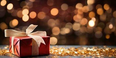 Gift box on bokeh background. Christmas and New Year concept AI Generated photo