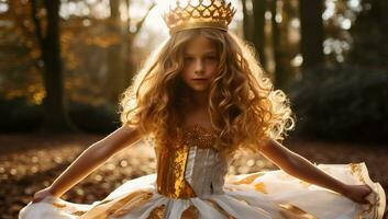 hermosa pequeño princesa en un dorado corona y blanco vestir en el bosque. ai generado. foto