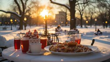 Coffee and cookies on the table in the park in winter. AI Generated. photo