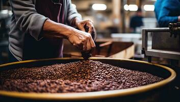 Coffee beans being processed on a roasting machine in a coffee mill AI Generated photo