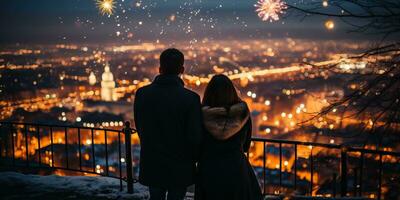 joven Pareja en amor en el antecedentes de el ciudad y fuegos artificiales ai generado foto