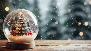 Snow globe with christmas tree and snowflakes on wooden background. AI Generated. photo