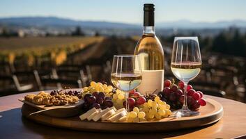 Two glasses of white wine, grapes, cheese and crackers on wooden table in vineyard. AI Generated. photo