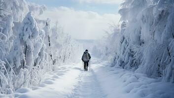 invierno paisaje con nieve cubierto arboles y un hombre caminando a lo largo el camino. ai generado. foto