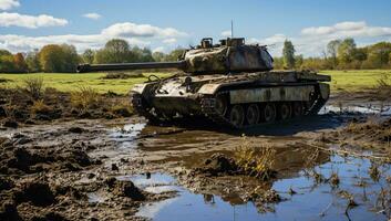 Old tank in a muddy field AI Generated photo