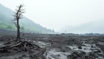 Dramatic landscape with dead trees in the crater of a volcano. AI Generated. photo