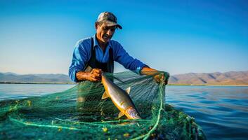 Fisherman catch fish in the boat at lake. AI Generated. photo