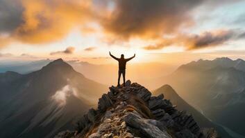hombre en pie en parte superior de un montaña y levantamiento su manos arriba. ai generado. foto