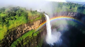 hermosa cascada con arco iris ai generado foto