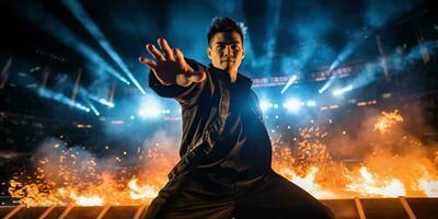 joven hombre ejecutando kung fu a el estadio ai generado foto