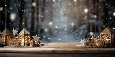 Navidad decoración en de madera mesa en invierno bosque con copos de nieve ai generado foto