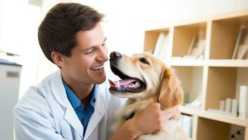 Veterinarian with dog in vet clinic. Health care and vet concept. AI Generated. photo