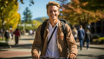 retrato de un hermoso joven hombre montando un bicicleta en el ciudad. ai generado. foto