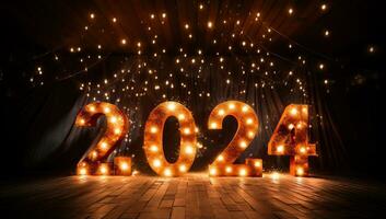 Happy New Year 2024 with light bulbs. AI Generated. photo